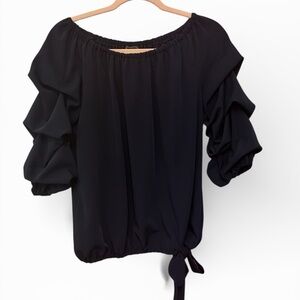 Coco Bianco Navy Blue Ruffle Sleeve Blouse Designer Inspired Tie Waist Top M